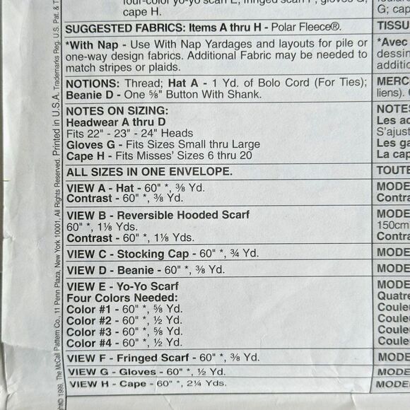 VTG WOMENS MCCALLS 2485 FLEECE SEWING PATTERN HAT CAPE BEANIE YO YO SCARF GLOVES - Picture 2 of 3